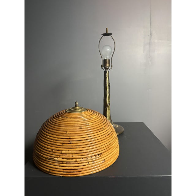 Mid-Century Pencil Reed Rattan Bamboo and Brass Table Lamp, 1970s For Sale - Image 12 of 17