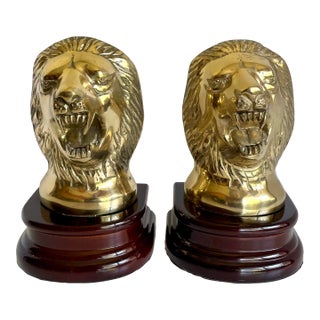 Vintage Brass and Rosewood Lion Bookends For Sale