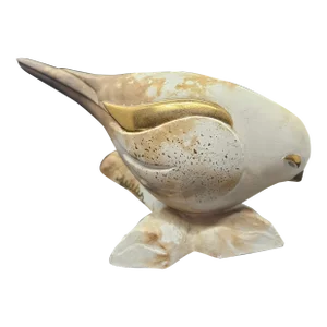 Vintage Pauline Pelletier Ceramic a Bird on Branch Sculpture,24 Gold Wing, Beak and Eyes by Canada Quebec Artist Sculpture