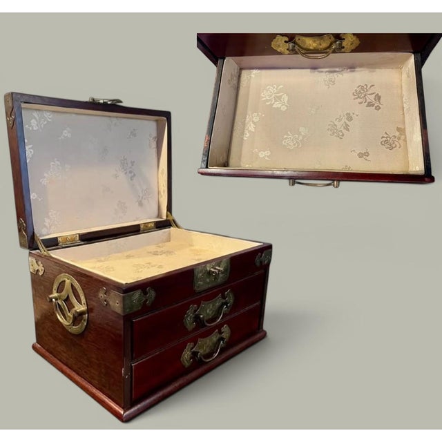 Chinoiserie Chinese Rosewood Jewelry Box-Brass Hardware-Silk Lined-Trinket Chest-Asian-Decor For Sale - Image 3 of 11