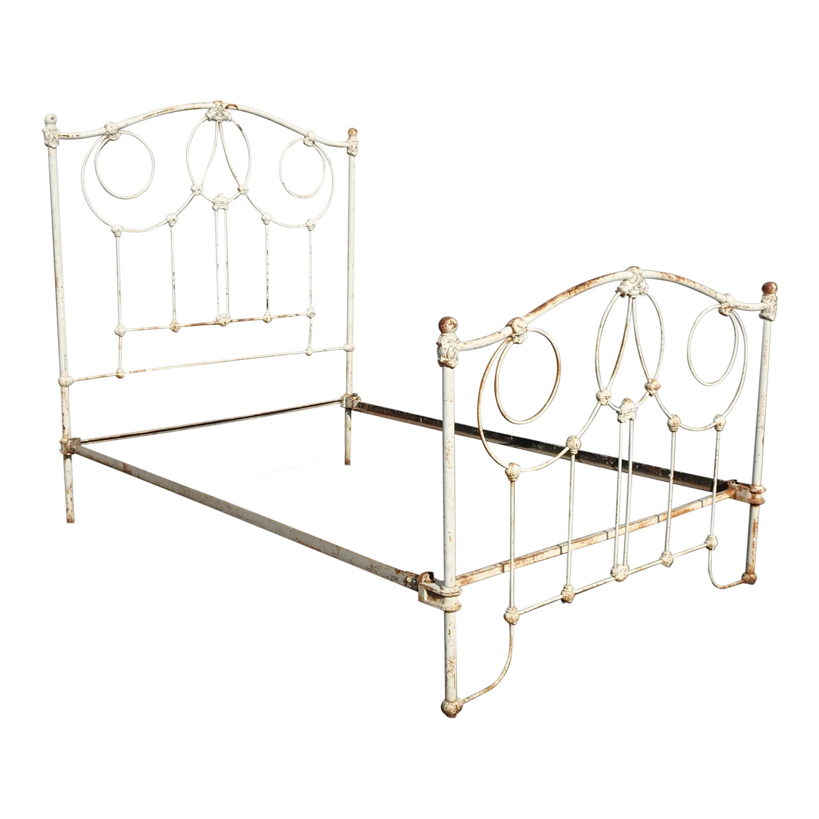 Vintage French Country Rustic White Cast Iron Full Bed Frame Headboard
