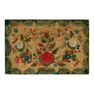 1880s Tan Camel Floral Folk Art Antique American Hooked Rug 3' X 5'5" Knotted Wool Carpet For Sale