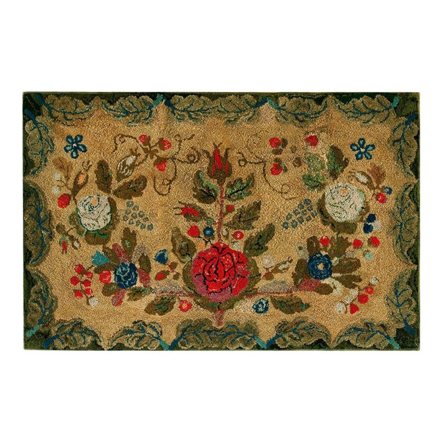 1880s Tan Camel Floral Folk Art Antique American Hooked Rug 3' X 5'5" Knotted Wool Carpet For Sale