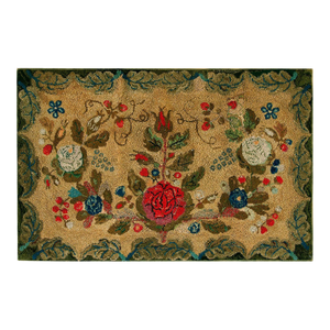 1880s Tan Camel Floral Folk Art Antique American Hooked Rug 3' X 5'5" Knotted Wool Carpet