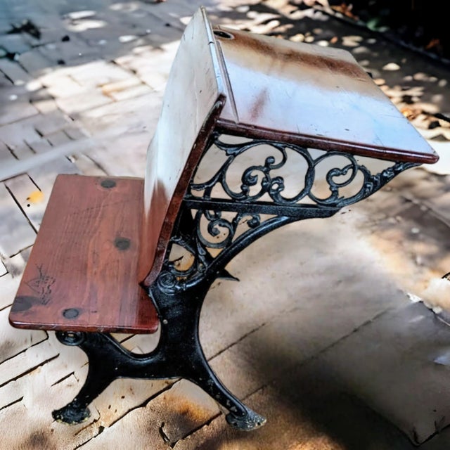 Antique Wood and Cast Iron School Desk For Sale - Image 4 of 12