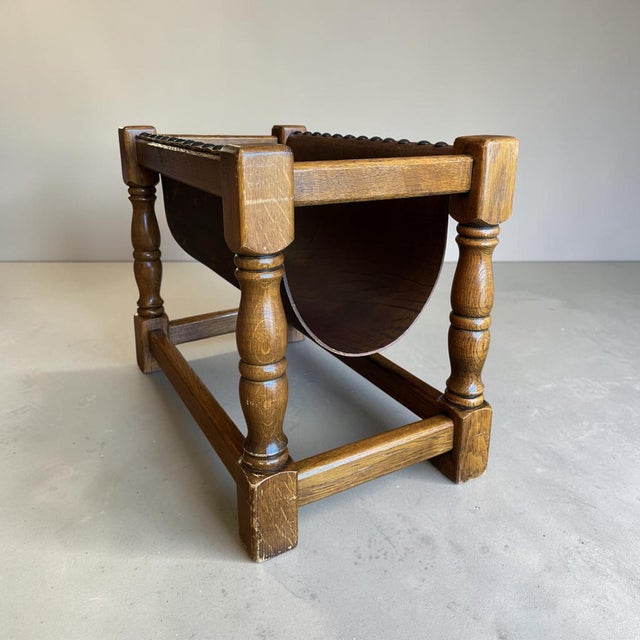 Wood Dutch Wood Magazine Rack with Leather Sling, 1970s For Sale - Image 7 of 12