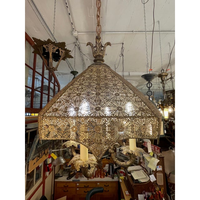 Metal 1960s Spanish Brass Four Light Pierced Metal Lace Shade Ceiling Fixture For Sale - Image 7 of 12