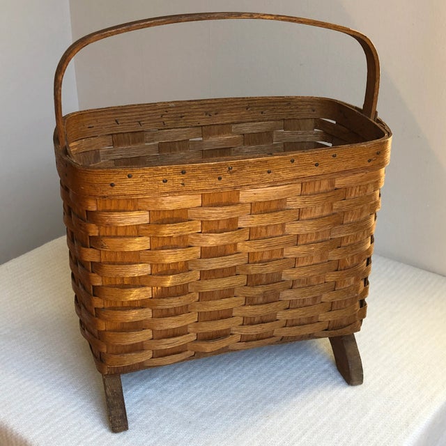 Antique Footed Splint Basket With Handle For Sale - Image 4 of 12