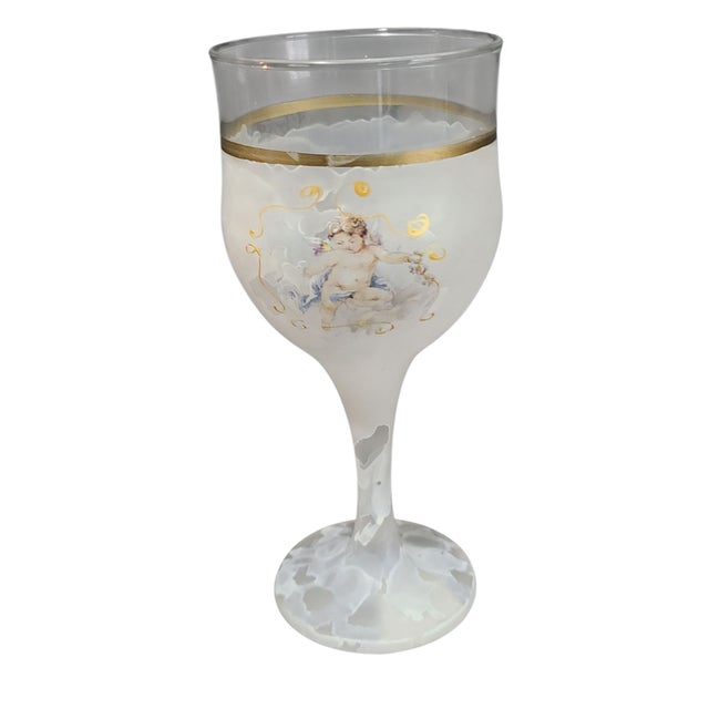 Vintage Italian Art Glass Attributed Murano Frosted Hand Painted Cherub Wine Glass For Sale - Image 9 of 9