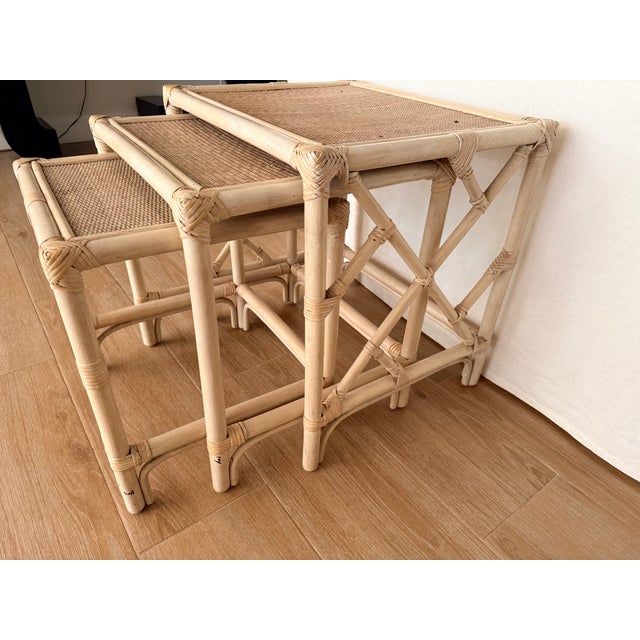 Vintage Chippendale-Style Rattan Nesting Side Tables For Sale - Image 4 of 5