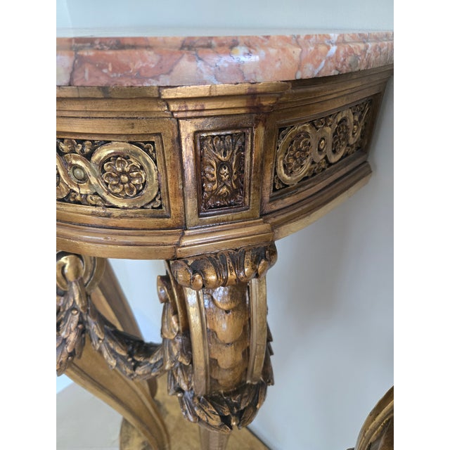 Wood Pair of French Louis 16th Style Giltwood Rouge Marble Top Corner Tables - A Pair For Sale - Image 7 of 14