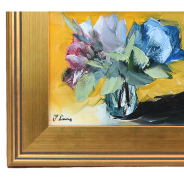 Impressionist abstract bouquet of colorful flowers in a vase, oil painting on stretched artist canvas. The talented artist...