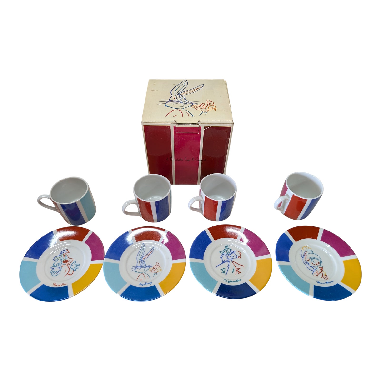 1990s Warner Bros Looney Market 4 Demitasse Cups & Saucers Set | Chairish