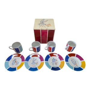 1990s Warner Bros Looney Market 4 Demitasse Cups & Saucers Set