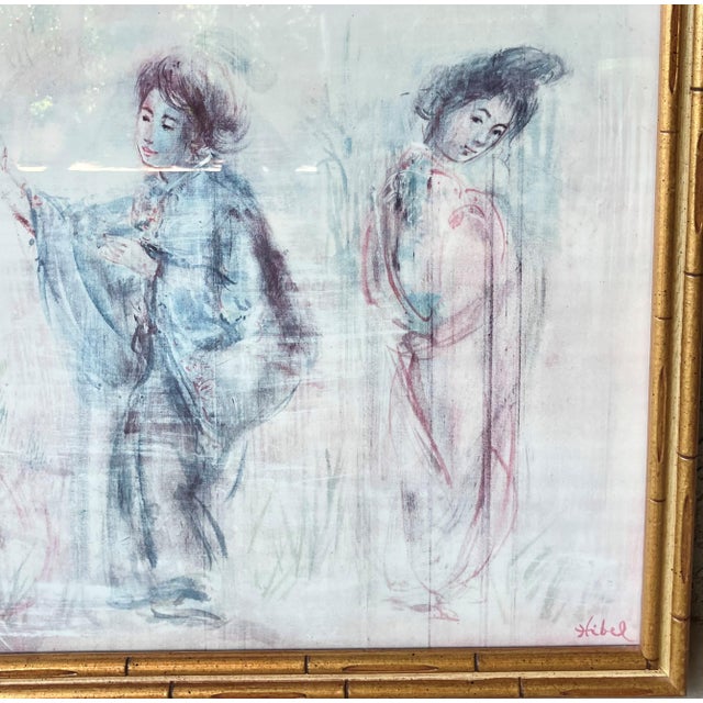Late 20th-Century “Geisha Girls” Faux Bamboo Frame Lithograph Reproduction Under Glass by Edna Hibel For Sale - Image 11 of 16