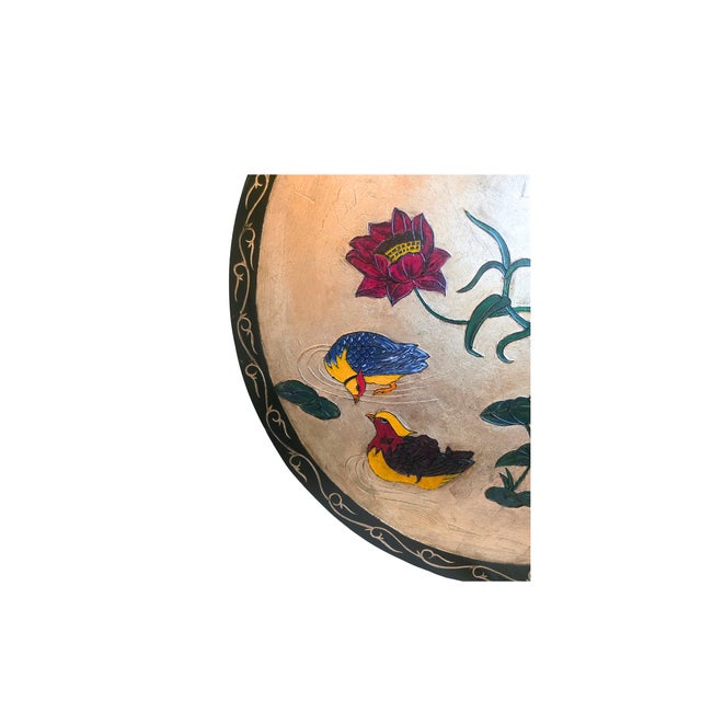 Large 30” Mid-Century Japanese Gold Leaf Plaque - Hand-Painted Kingfisher & Lotus For Sale - Image 4 of 10