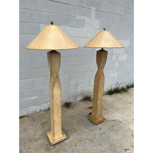 Lexington Furniture Pair of 1990s Lexington Furniture Cream Leather Floor Lamps With Matching Leather Shades For Sale - Image 4 of 17