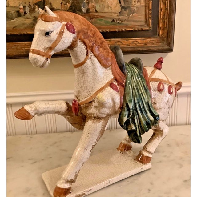 Chinese Large Tany Sancai Style Crackle Glazed War Horse Statue, 17" For Sale - Image 11 of 11