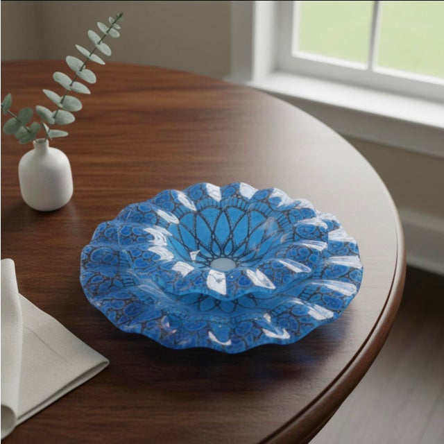 Mid-Century Sydenstricker 'Lace' Blue Ruffled Art Glass Bowl and Plate Set For Sale - Image 11 of 11