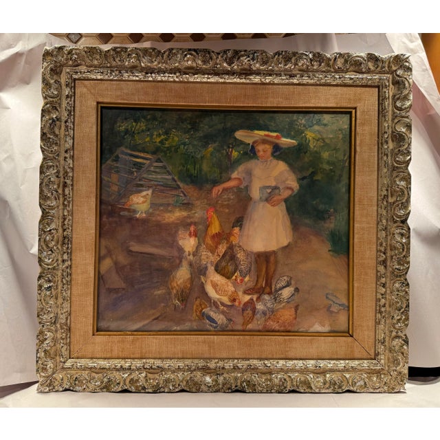 19th Century 19th Century French Impressionist Watercolor Painting of a Girl With Chickens For Sale - Image 5 of 10