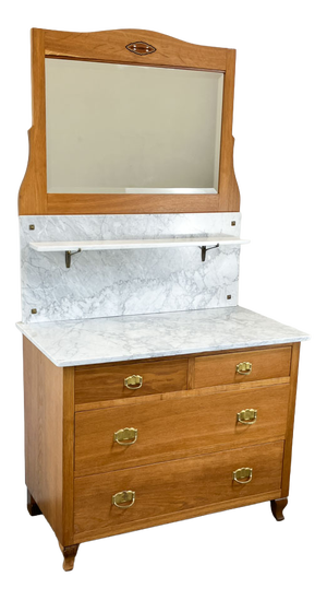 Art Nouveau Oak Chest of Drawers with Washstand, Marble and Mirror Top, 1910s