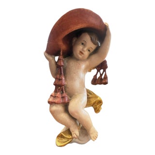 Early 19th Century Hand-Carved Wooden Cardinal Angel (Putto With Cardinal's Hat) For Sale
