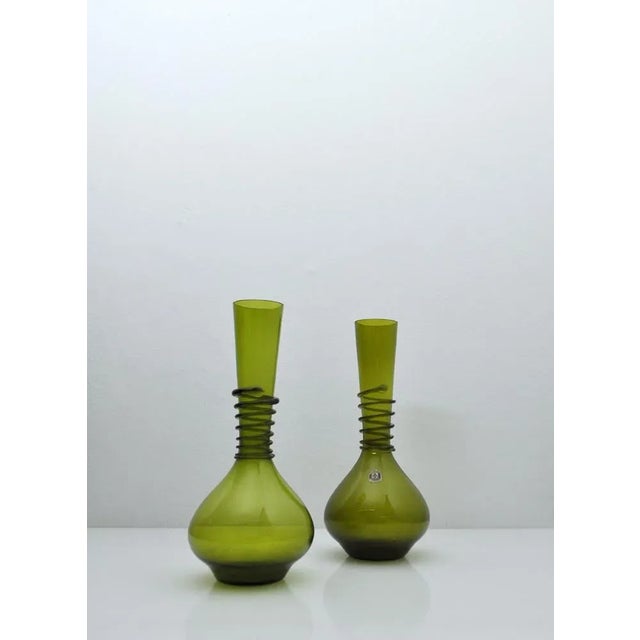 Holmegaard Green Decanter or Vase with Attached Glass Wire by Jacob E. Bang for Holmegaard, Denmark, Set of 2 For Sale - Image 4 of 13