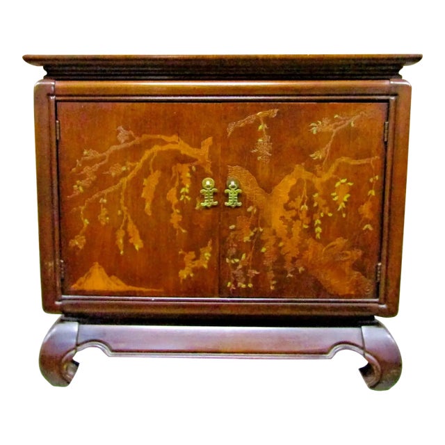 1960s Vintage Broyhill Walnut Parquetry Asian Console Cabinet 3230-19 For Sale