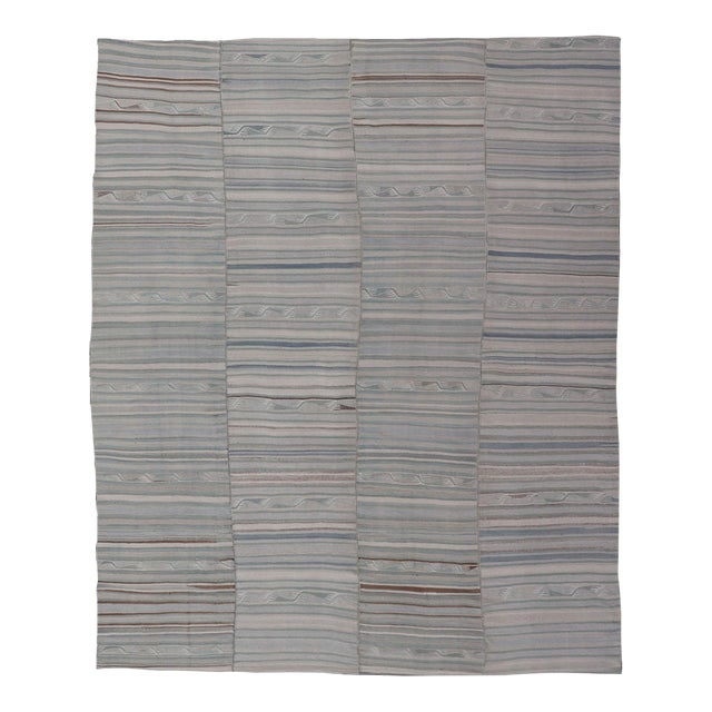 Vintage Turkish Paneled Flat-Weave Kilim in Muted Colors With Stripe Design 9'2"x11'6" For Sale