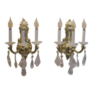 ​ Pair of 21st Century Schonbek La Scala 3 Light Brass & Rock Crystal Wall Sconces For Sale