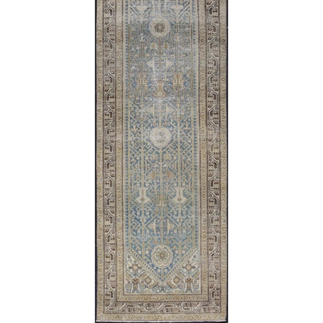 Tribal Long Antique Persian Malayer Runner in Gray, Blue, Green With All-Over Design For Sale - Image 3 of 13