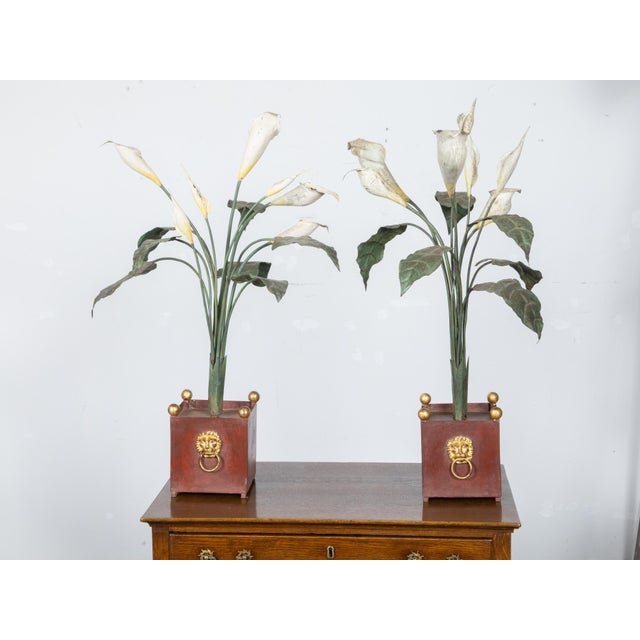 Pair of Italian 1930s Tôle Calla Lillies Sculptures in Red and Gold Containers For Sale In Atlanta - Image 6 of 12