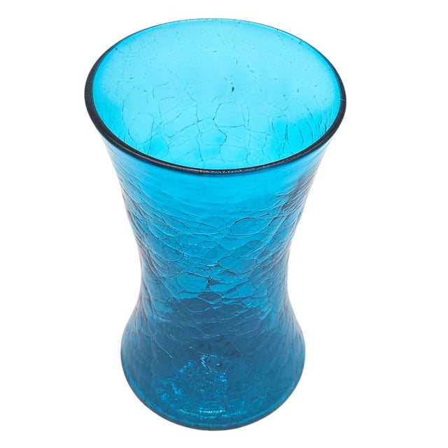 Wayne Husted MCM Blenko Wayne Husted 5519-S Teal Blue Crackle Sheaf Vase 9" For Sale - Image 4 of 10