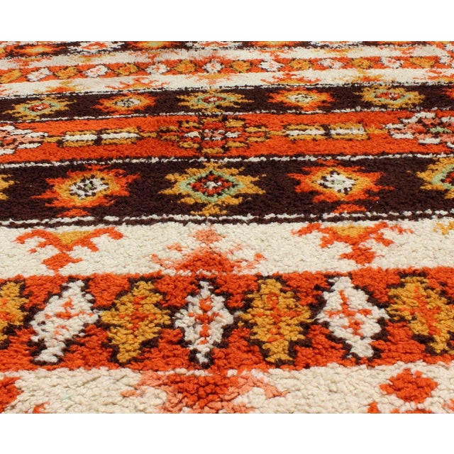 Late 20th Century Vintage Moroccan Rug With Stripes & Tribal Design in Orange, D. Brown, Ivory For Sale - Image 5 of 12