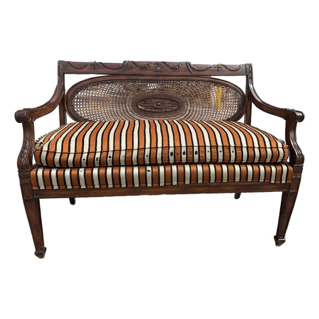 Vintage Regency Caned Mahogany Settee With Down Cushion For Sale