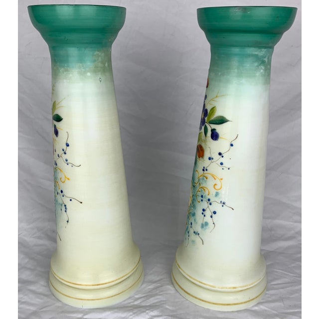Painted Milk Glass Vases, Set of 2. Diameter at mouth is 4"