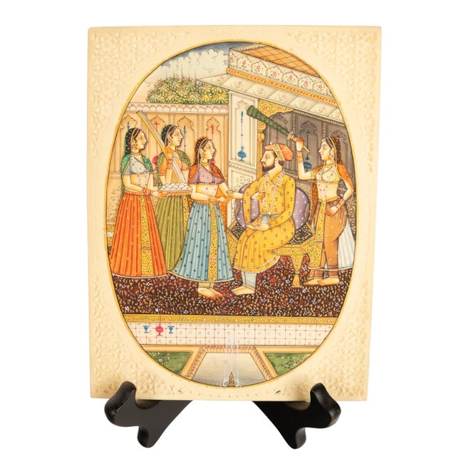 Antique Indian Mughal Miniature Royal Court Women Shah Watercolor Painting 1900 For Sale - Image 4 of 11