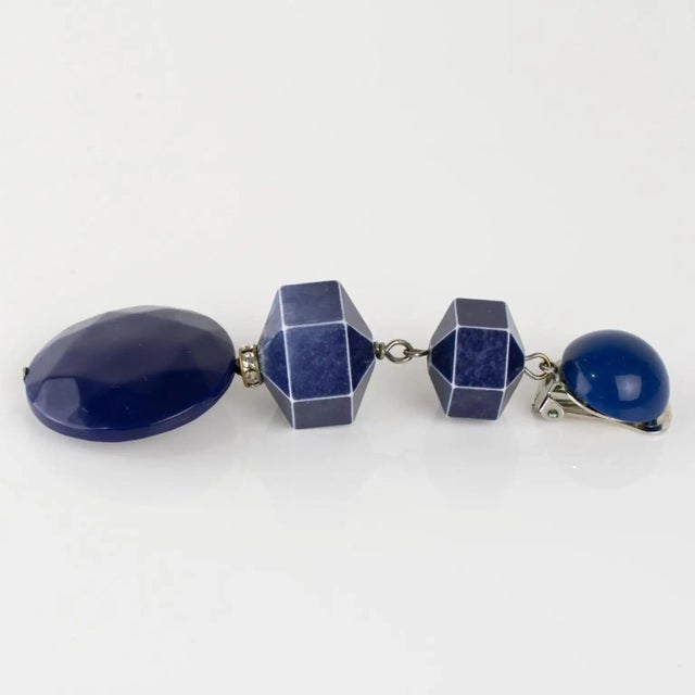 Plastic Angela Caputi Washed Blue Dangle Resin Geometric Clip Earrings For Sale - Image 7 of 8