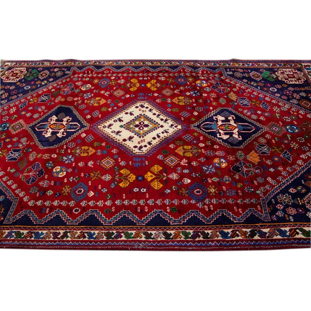 Vintage Handmade Shiraz Red Geometric Wool Rug 5'9" X 10'0" For Sale - Image 4 of 10
