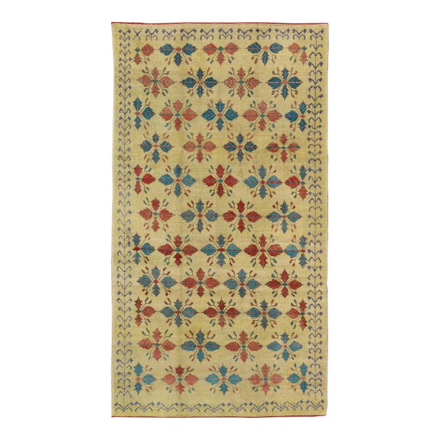 Mid 20th Century Vintage Turkish Sub-Geometric All-Over Floral Oushak in Yellow, Red, and Blue For Sale