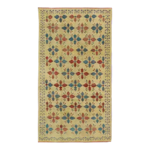 Mid 20th Century Vintage Turkish Sub-Geometric All-Over Floral Oushak in Yellow, Red, and Blue