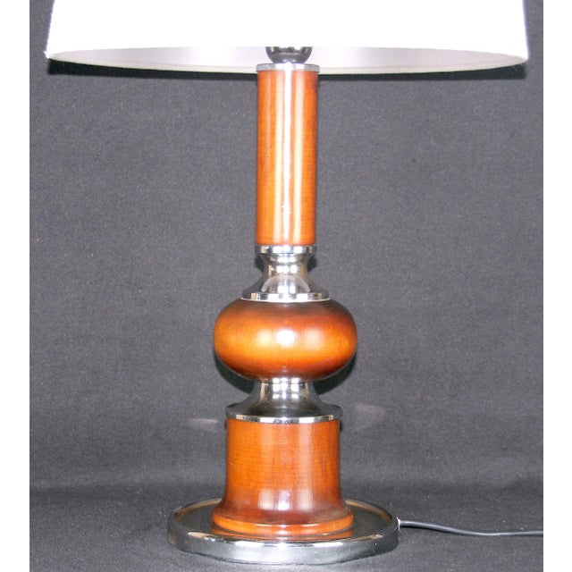 Mid-Century Modern Walnut and Chrome Table Lamp With White Lampshade, France 1970's For Sale - Image 3 of 5