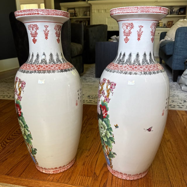 Vintage 24" Chinese Famille Rose Floor Vases - Matching Pair, Crane & Peony Motif For Sale - Image 12 of 12