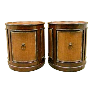 Matched Pair of Tommy Bahama Sandpiper Rattan Round Lamp Tables Side Tables 545-950
