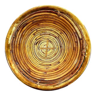 1970s Mid-Century Pencil Reed Rattan Bowl With Brass Rim in the Manner of Gabriella Crespi For Sale