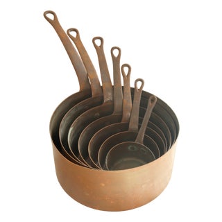 Antique Copper Saucepans, France, 1960s, Set of 7 For Sale