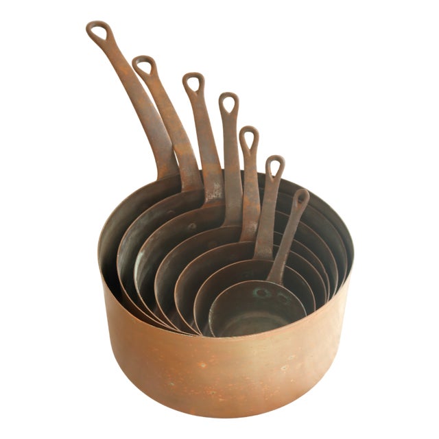 Antique Copper Saucepans, France, 1960s, Set of 7 For Sale