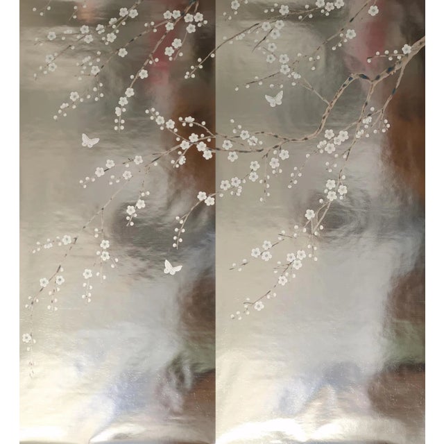 Not Yet Made - Made To Order Plum Blossom Wallpaper Hand Painted Wallpaper on Champagne Silver Metallic Panel - 2 Panels For Sale - Image 5 of 5