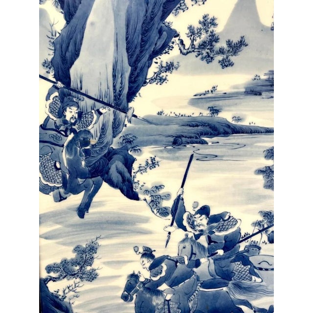 Wood Antique Chinese Blue & White Warrior Scene Giltwood & Lacquer Table Screen For Sale - Image 7 of 12