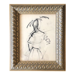 Original Vintage Abstract Charcoal Fashion Study Drawing Vintage Frame 1950's For Sale